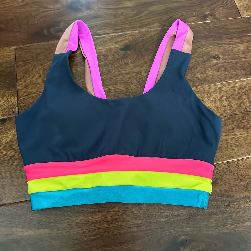 Lanston Sport Streak Stripe Bra small navy blue pink green brown